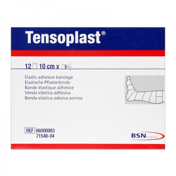 Tensoplast 10 cm x 4,5 metros: Ligadura elástica adesiva (Caixa 12 unidades) Tensoplast 10 cm x 4,5 metros: Ligadura elástica adesiva (Caixa 12 unidades)